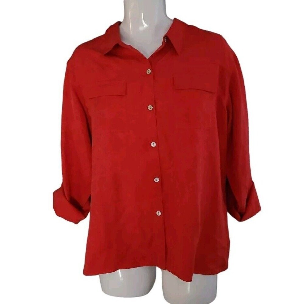 Chicos Silk Tunic Top Womens 3 (XL/16) Red Button Up Flap Pocket Roll Tab Sleeve